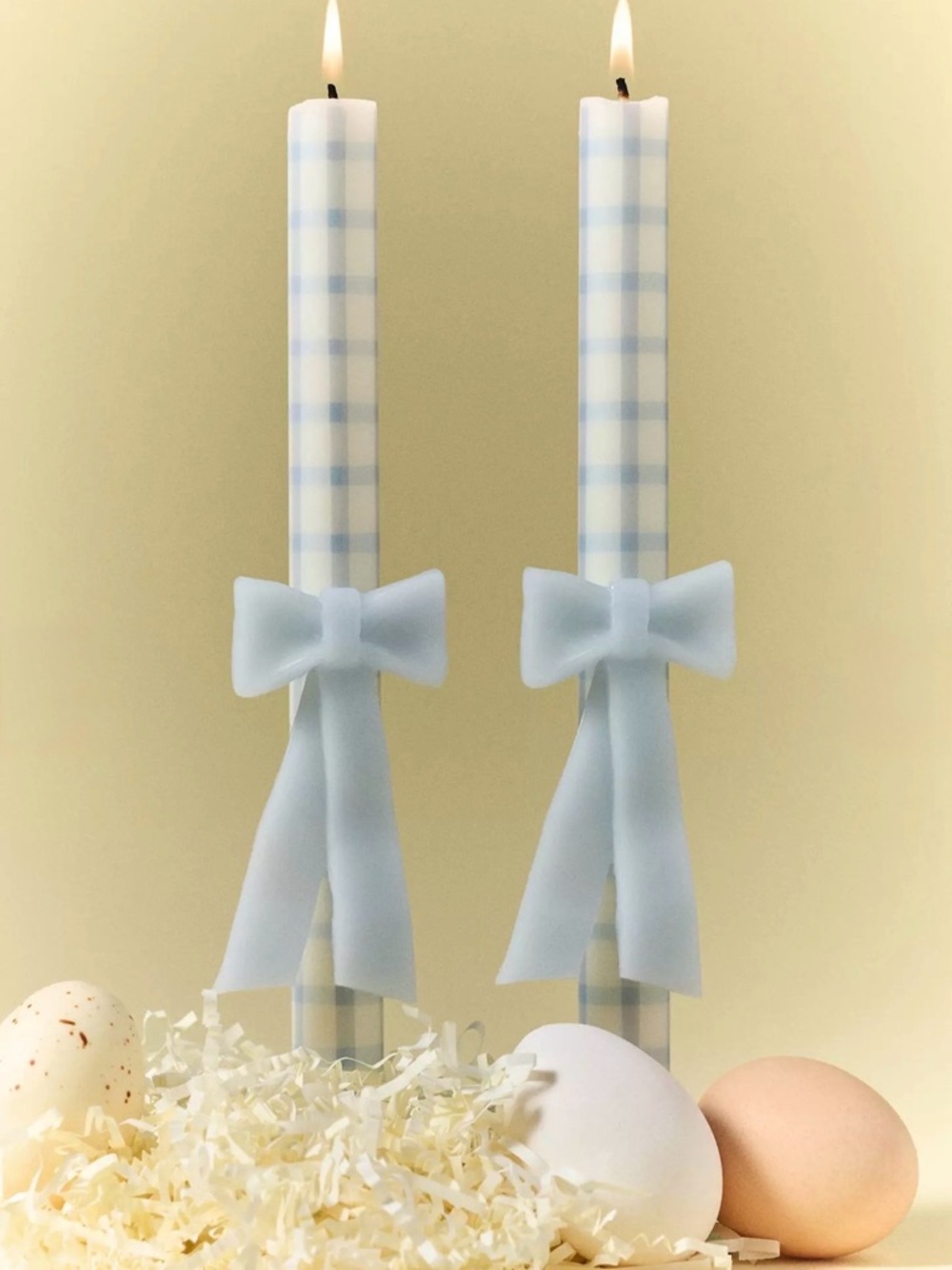 NEW Anthropologie Gingham Bow Taper Candles, Set of 2, Blue